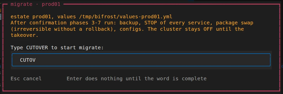 Heimdall dialog for the migrate phase of prod01 explaining that services stop until the takeover and asking the operator to type CUTOVER, with the word partly typed