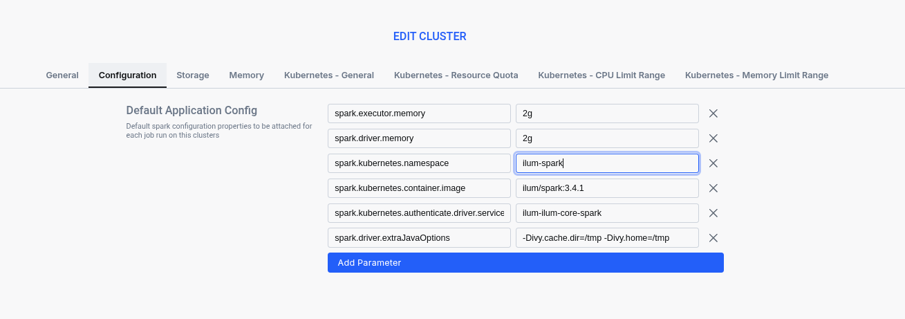 Change cluster namespace Ilum UI screenshot demonstrating how to change the default cluster namespace configuration for Spark jobs